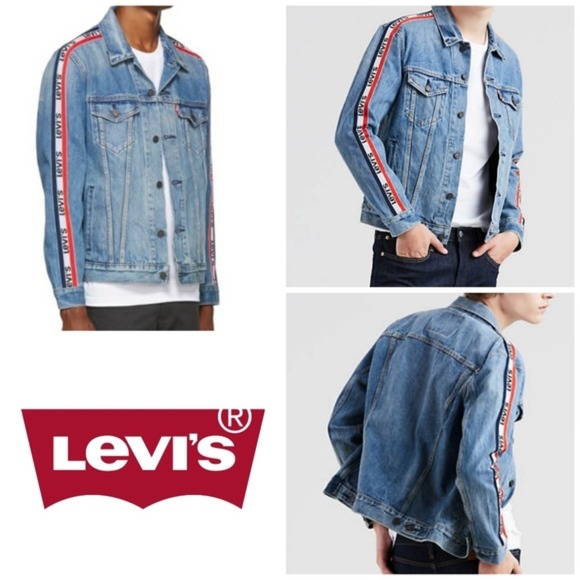 Levis Premium Trucker Jacket Mens Large Blue Denim Logo Tape Sleeve Stripe L - Picture 1 of 11
